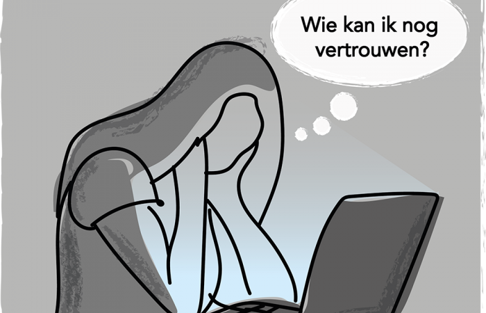 Illustratie van een persoon achter een laptop die zich afvraagt wie nog te vertrouwen is