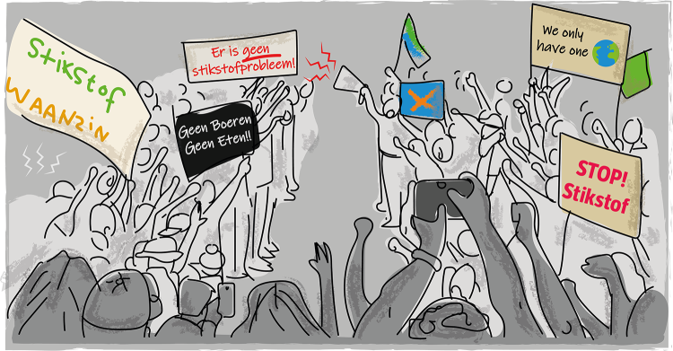 Een illustratie van twee tegengestelde groepen demonstranten die de confrontatie aan gaan.
