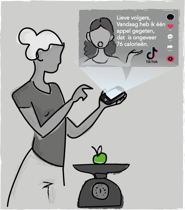 Illustratie van een vrouw die online ziet dat iemand die zij volgt die dag enkel een appel van 76 calorieën at
