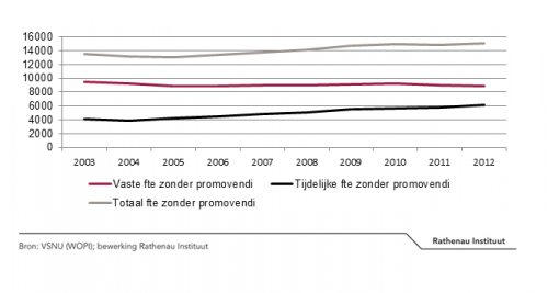 De verdeling van vaste en tijdelijke wetenschappelijke posities voor gepromoveerden op Nederlandse universiteiten.