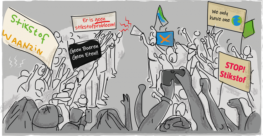 Een illustratie van twee tegengestelde groepen demonstranten die de confrontatie aan gaan.