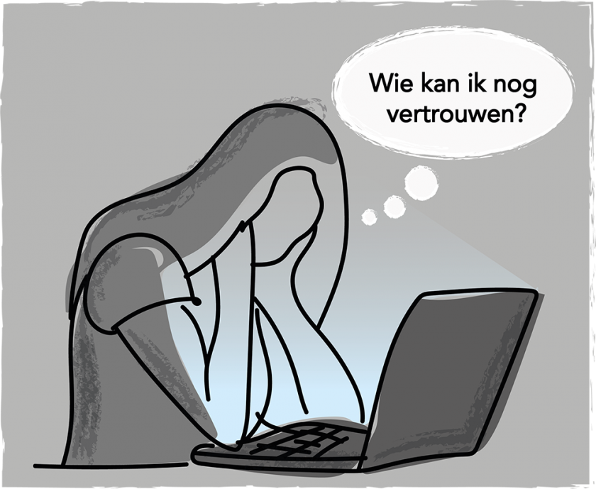 Illustratie van een persoon achter een laptop die zich afvraagt wie nog te vertrouwen is