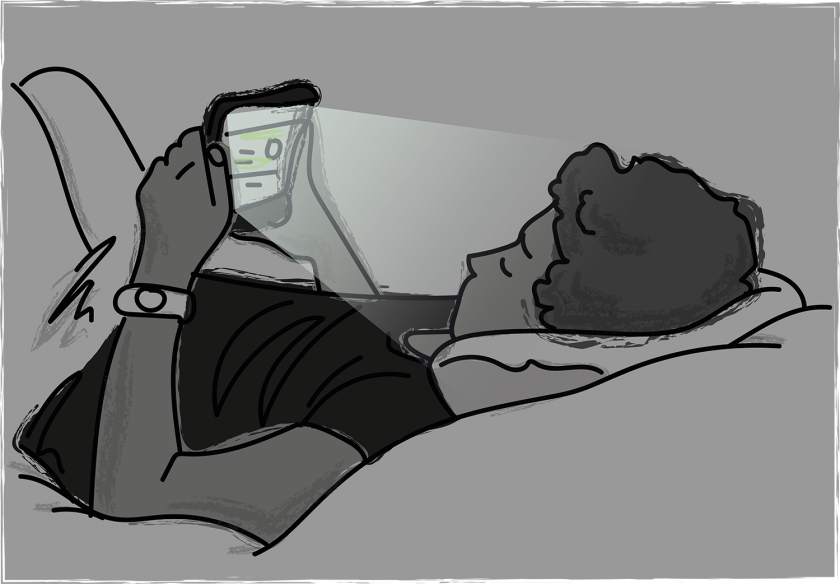 Een illustratie van een jongen die in zijn bed naar zijn mobiel staart