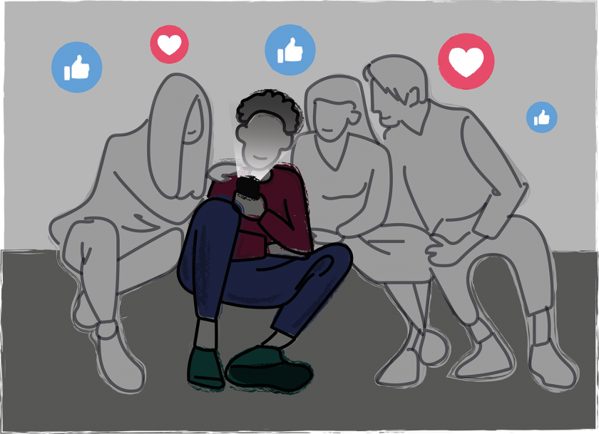 Illustratie van een jongen die op zijn mobiel kijkt, omringd door volgers met likes