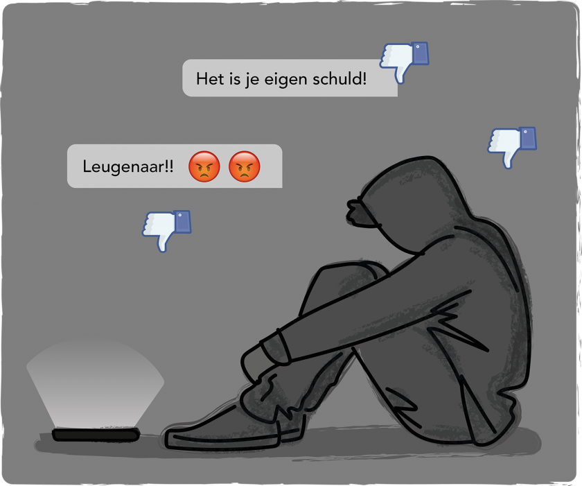 Illustratie van een jongen met een capuchon over zijn hoofd die negatieve berichten ontvangt