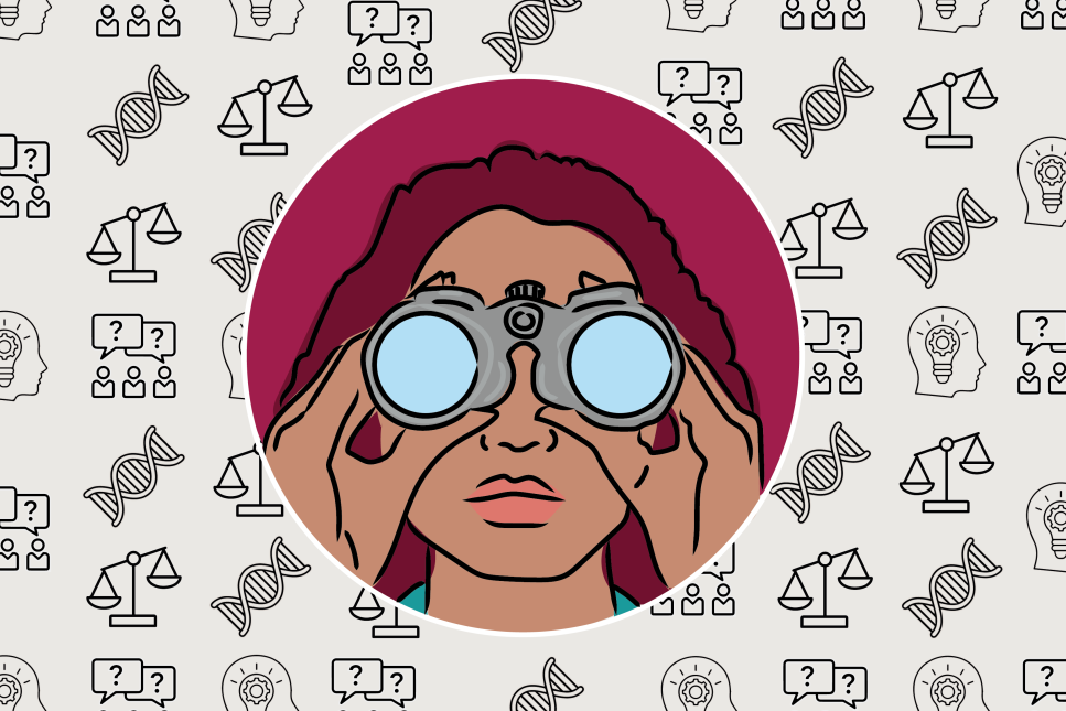 Een illustratie van een vrouw met een verrekijker en allerlei icoontjes zoals dna-strengen en lampjes