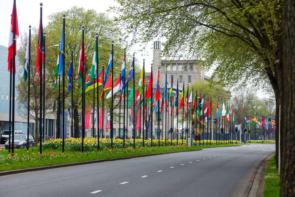 De vlaggenparade bij het World Forum in Den Haag