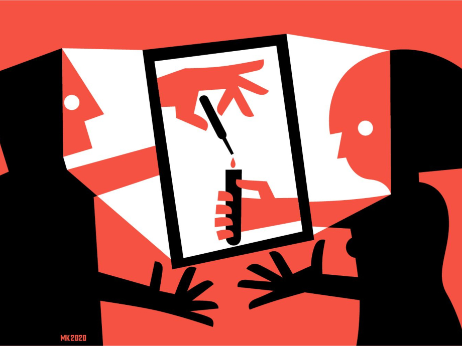Illustratie van twee wetenschappers die een proefje uitvoeren dat zichtbaar is op een groot scherm.