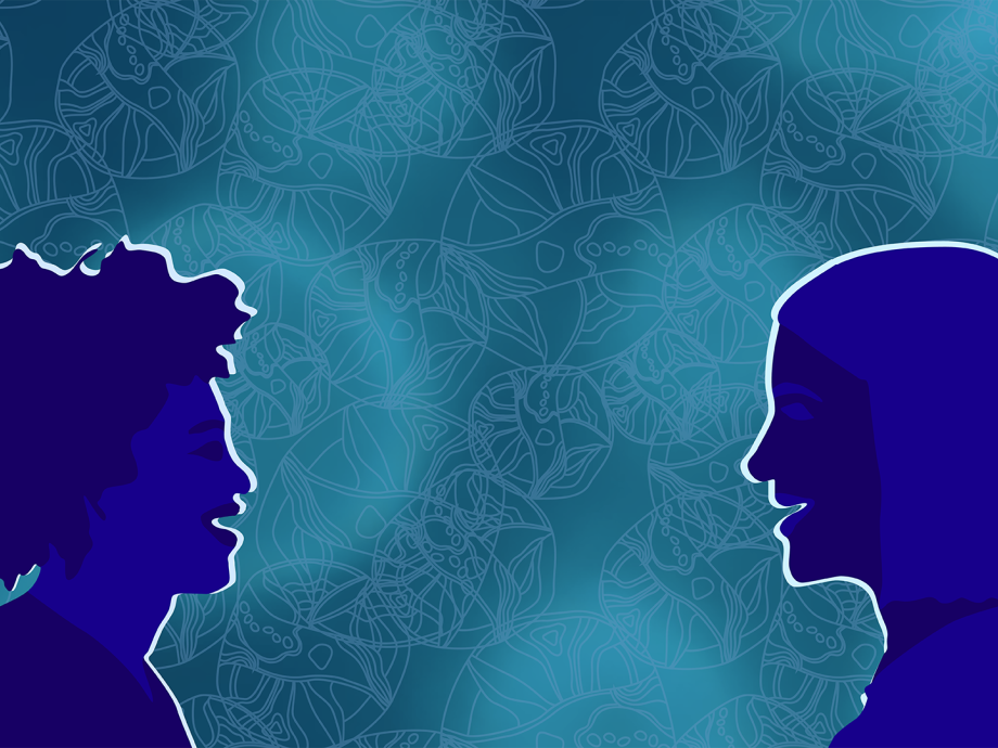 Illustratie van twee personen tegenover elkaar - Herschept de Podcast
