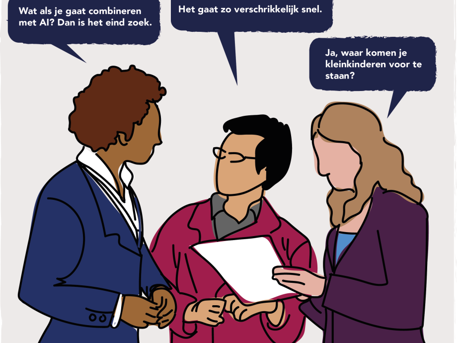 Ilustratie van 3 personen die met elkaar praten.
