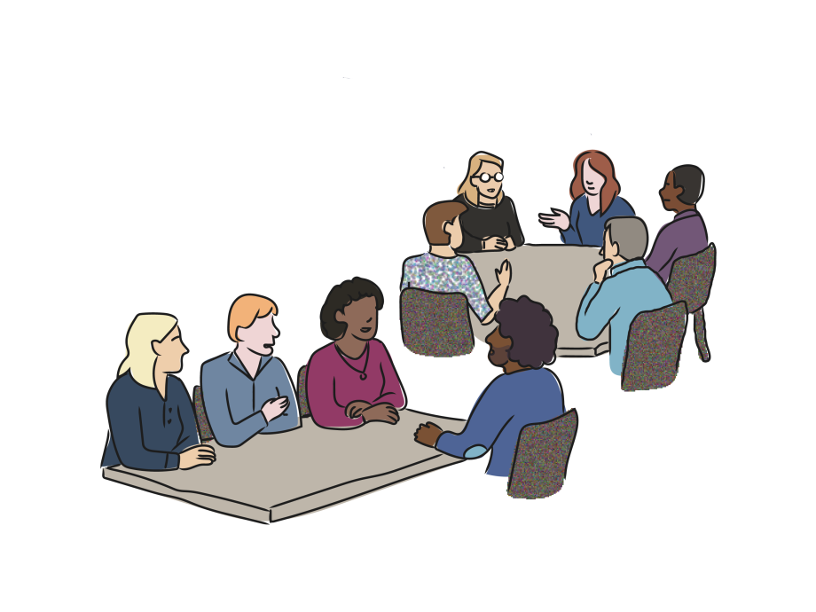 Verschillende illustratieve personen gaan met elkaar in gesprek aan verschillende tafels