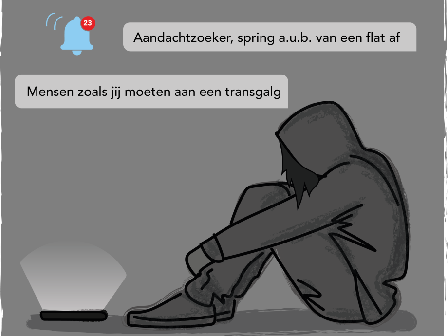 Illustratie van Noah waarin uitgebeeld wordt dat zij haatdragende berichten ontvangt op haar telefoon