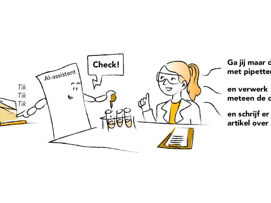 Illustratie van iemand in een lab die samenwerkt met een AI