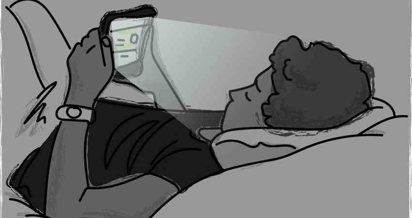 Een illustratie van een jongen die in zijn bed naar zijn mobiel staart