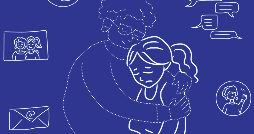 Pentekening van een omhelsing door een overleden dierbare in combinatie met chatten, tablet en spraakberichten