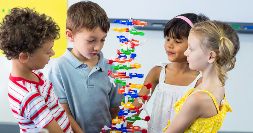 Vier kinderen kijken naar een plastic DNA-model