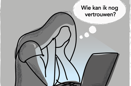 Illustratie van een persoon achter een laptop die zich afvraagt wie nog te vertrouwen is