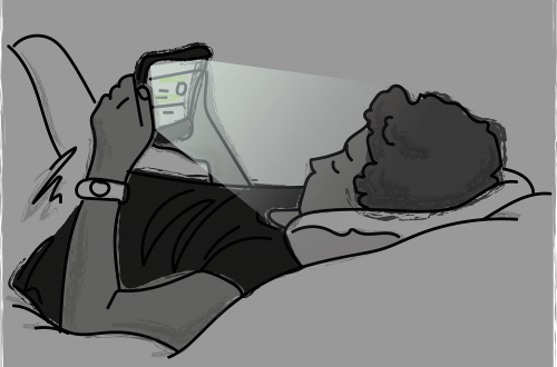 Een illustratie van een jongen die in zijn bed naar zijn mobiel staart