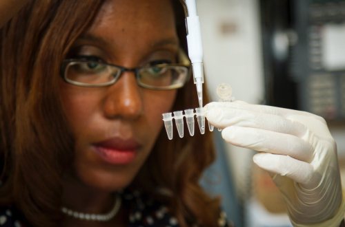 Een vrouw pipeteert in het lab