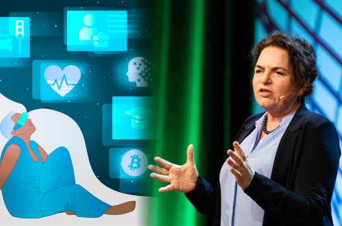 Marleen Stikker en het logo van de podcast Ondergedompeld in een nieuwe werkelijkheid