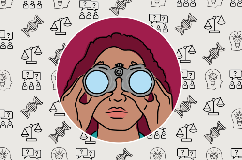Een illustratie van een vrouw met een verrekijker en allerlei icoontjes zoals dna-strengen en lampjes