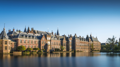 De hofvijver in Den Haag met daarachter de parlementsgebouwen
