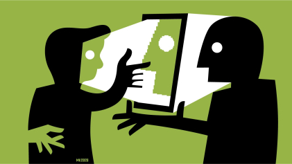 Illustratie van een docent die via een beeldscherm contact heeft met een leerling