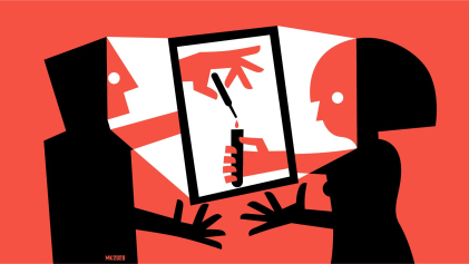 Illustratie van twee wetenschappers die een proefje uitvoeren dat zichtbaar is op een groot scherm.