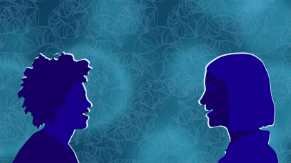 Illustratie van twee personen tegenover elkaar - Herschept de Podcast