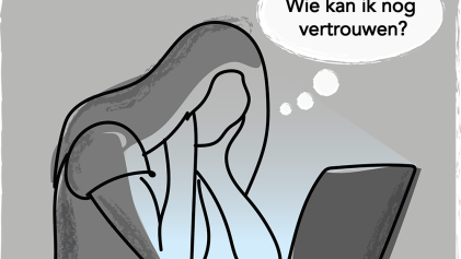 Illustratie van een persoon achter een laptop die zich afvraagt wie nog te vertrouwen is