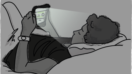 Een illustratie van een jongen die in zijn bed naar zijn mobiel staart