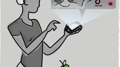 Illustratie van een vrouw die online ziet dat iemand die zij volgt die dag enkel een appel van 76 calorieën at
