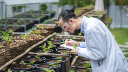 Een onderzoeker analyseert de groei van planten in een kas