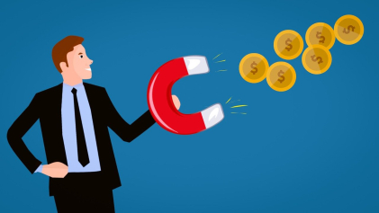 Illustratie van een man met een magneet die geld aantrekt