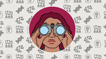 Een illustratie van een vrouw met een verrekijker en allerlei icoontjes zoals dna-strengen en lampjes