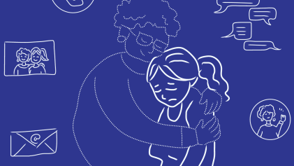 Pentekening van een omhelsing door een overleden dierbare in combinatie met chatten, tablet en spraakberichten