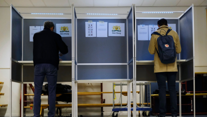 Mensen aan het stemmen in een stemhokje, gezien vanaf de rug