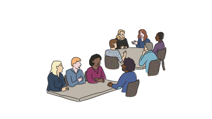 Verschillende illustratieve personen gaan met elkaar in gesprek aan verschillende tafels