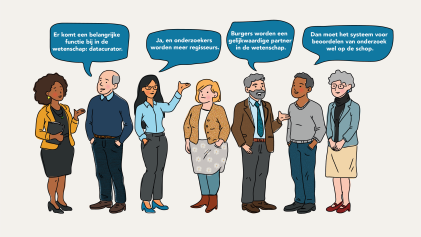 Getekende mensen praten met elkaar over AI in de wetenschap