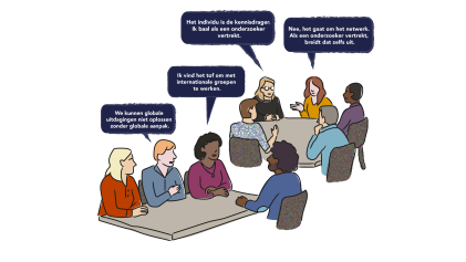 Illustratie van mensen aan tafels met spreekwolkjes