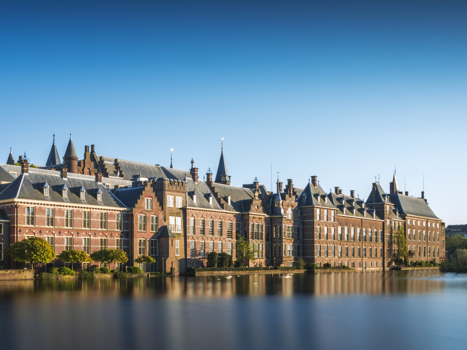 De hofvijver in Den Haag met daarachter de parlementsgebouwen