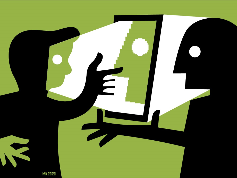 Illustratie van een docent die via een beeldscherm contact heeft met een leerling