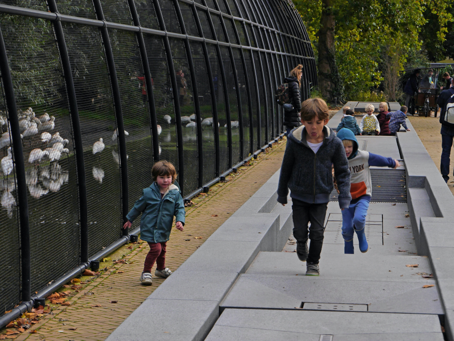 Kinderen spelen in een (droogstaande) fontein bij Artis
