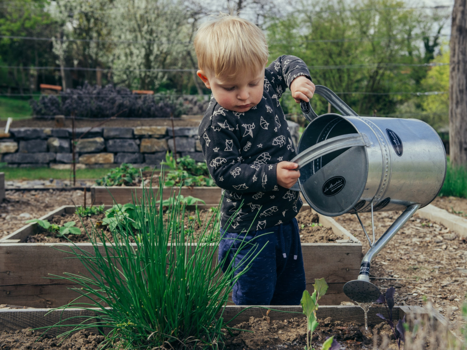 Een jongetje geeft planten water met een grote gieter