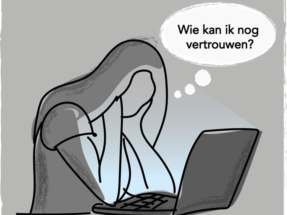 Illustratie van een persoon achter een laptop die zich afvraagt wie nog te vertrouwen is