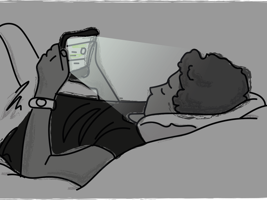 Een illustratie van een jongen die in zijn bed naar zijn mobiel staart