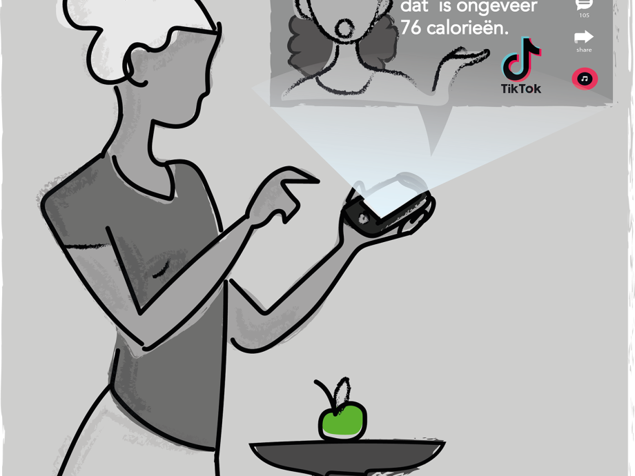 Illustratie van een vrouw die online ziet dat iemand die zij volgt die dag enkel een appel van 76 calorieën at