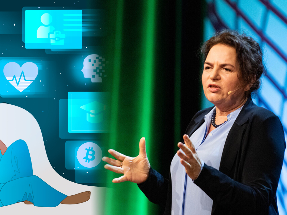 Marleen Stikker en het logo van de podcast Ondergedompeld in een nieuwe werkelijkheid