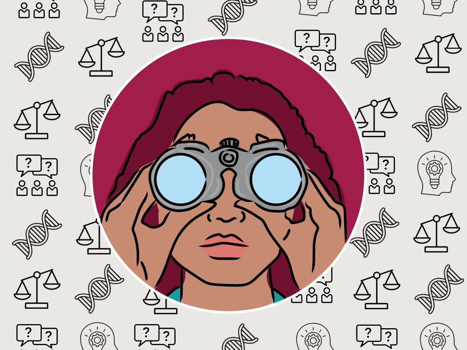 Een illustratie van een vrouw met een verrekijker en allerlei icoontjes zoals dna-strengen en lampjes