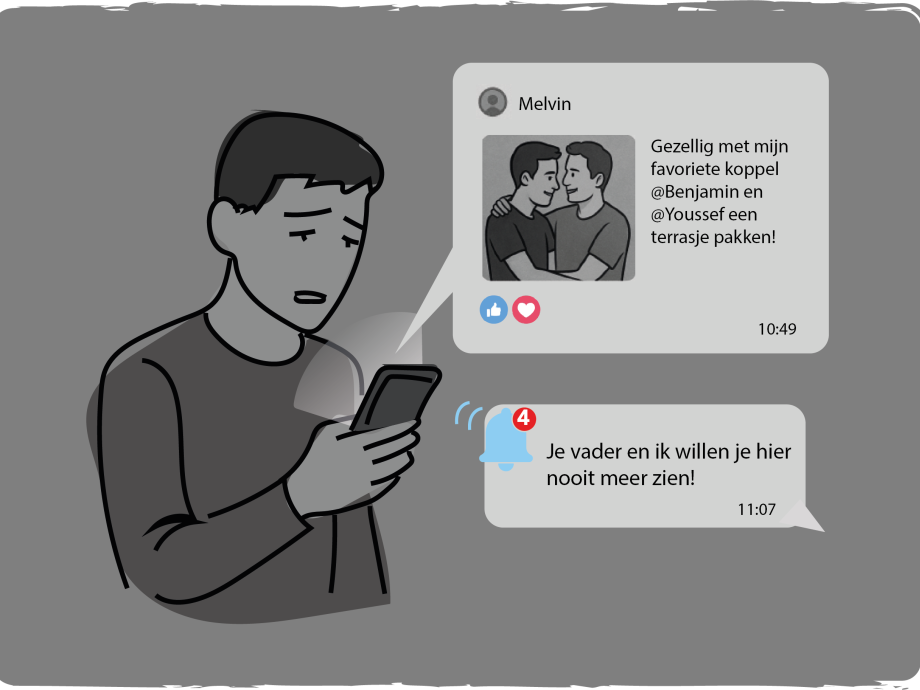 Illustratie van Benjamin waarin uitgebeeld wordt dat zijn relatie tegen zijn wil in online bekend wordt gemaakt